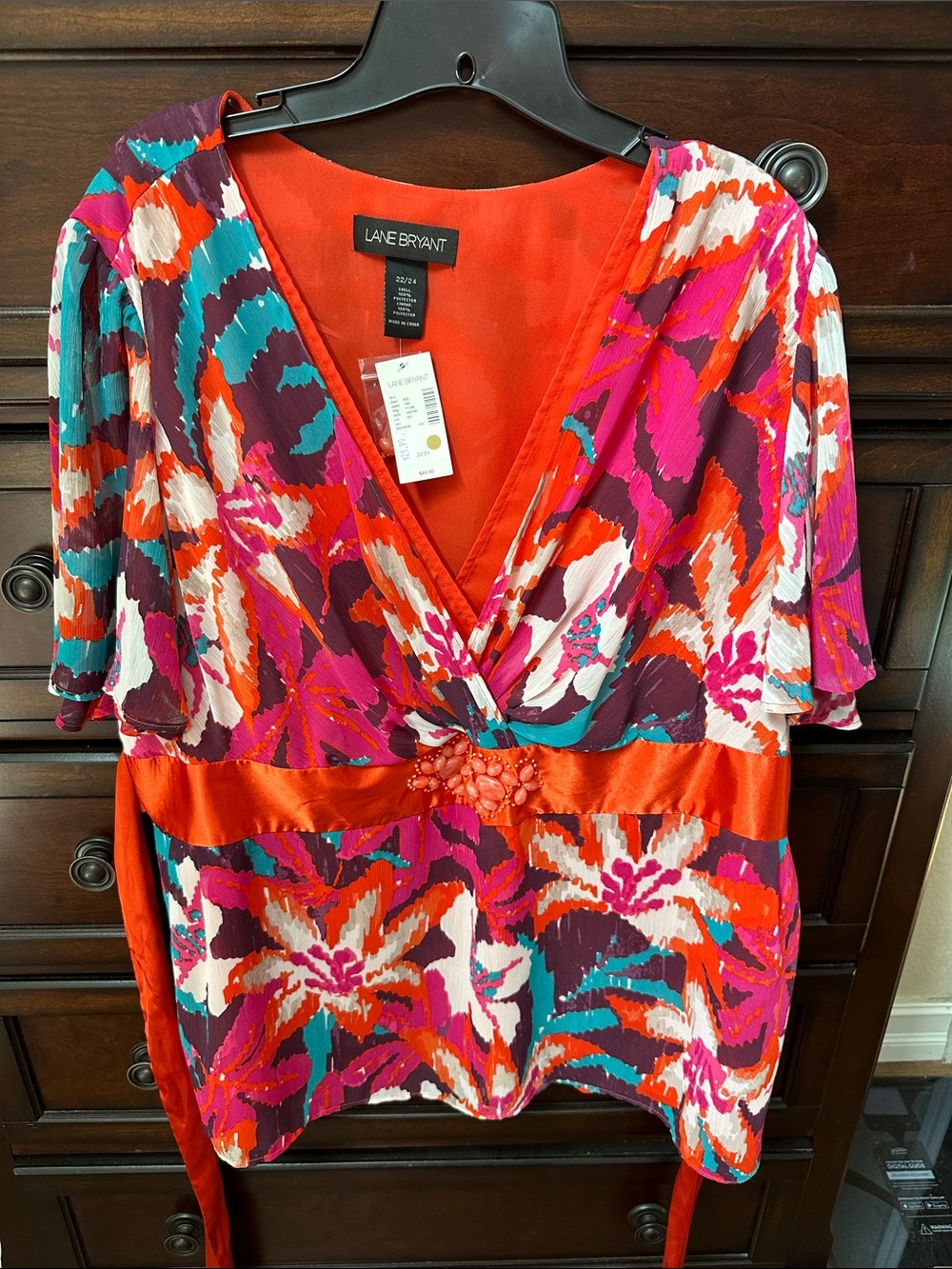 Lane Bryant Vibrant Orange, Fuchsia & Teal Floral Wrap Top